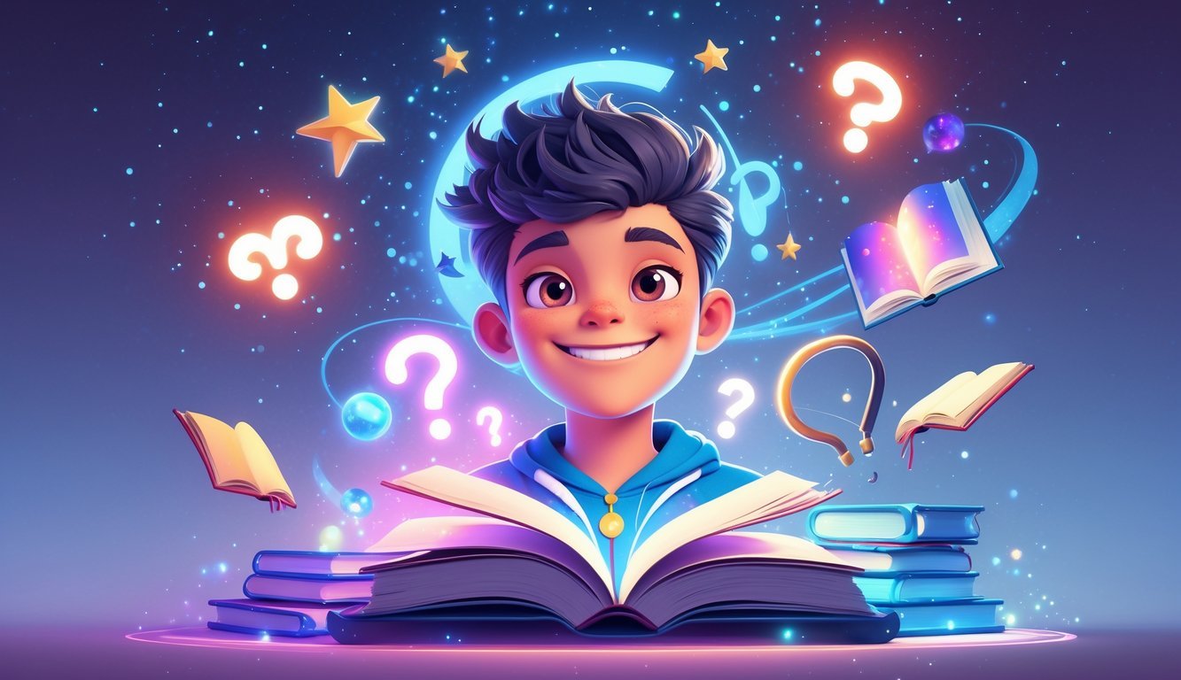 A young person surrounded by cosmic symbols and glowing books, representing curiosity and youthful energy.