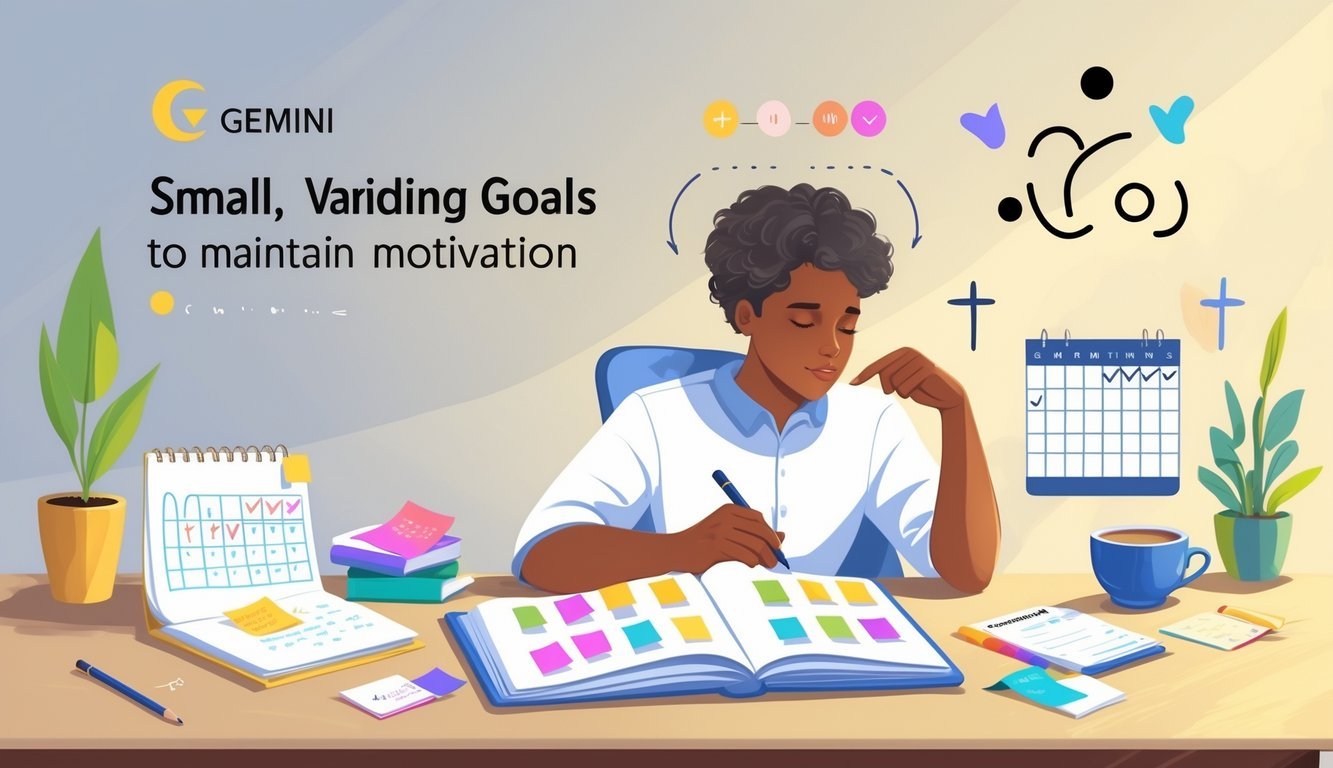 A person at a desk setting personal goals with a notebook, sticky notes, and a calendar, surrounded by subtle Gemini zodiac symbols.