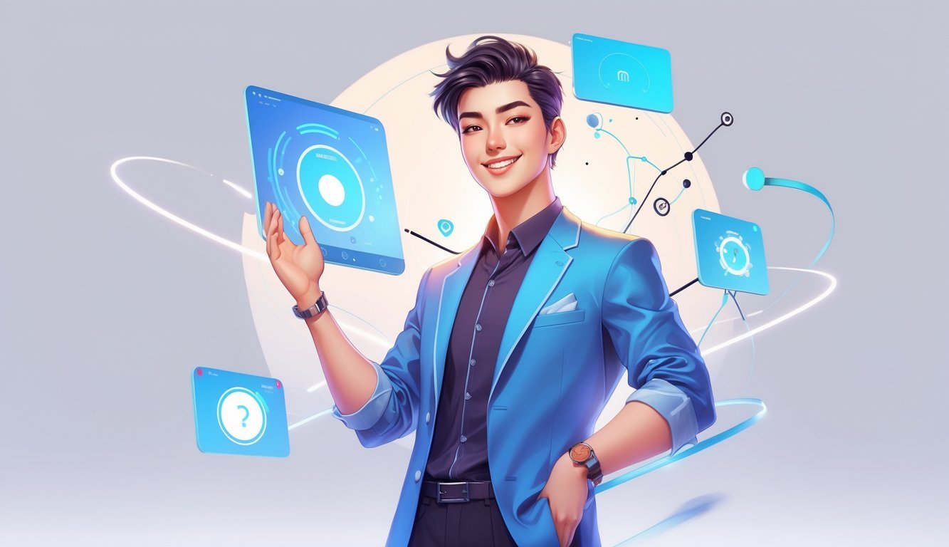 A confident young adult surrounded by digital icons and holographic screens, symbolizing adaptability and youthful energy.