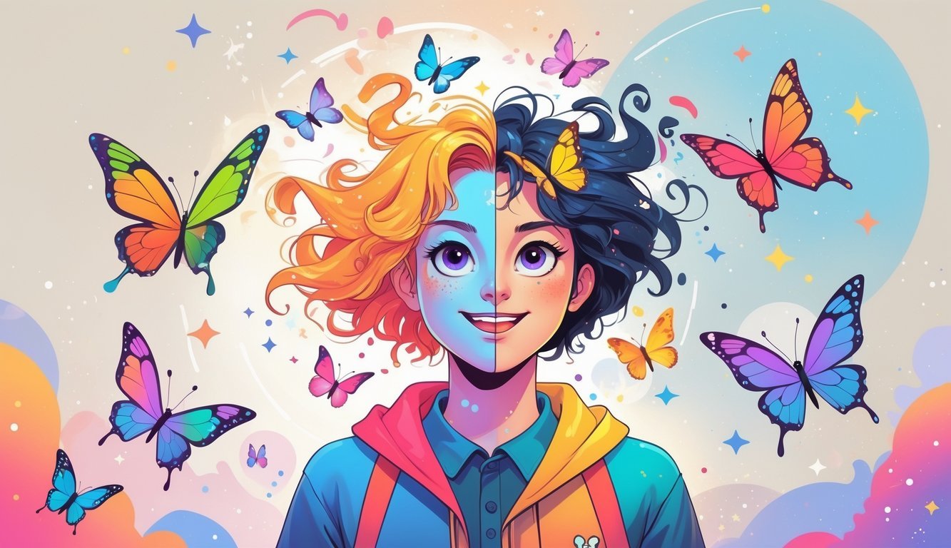 A person with two contrasting halves of their face and outfit surrounded by colorful butterflies, set against a cosmic background with stars and zodiac symbols.