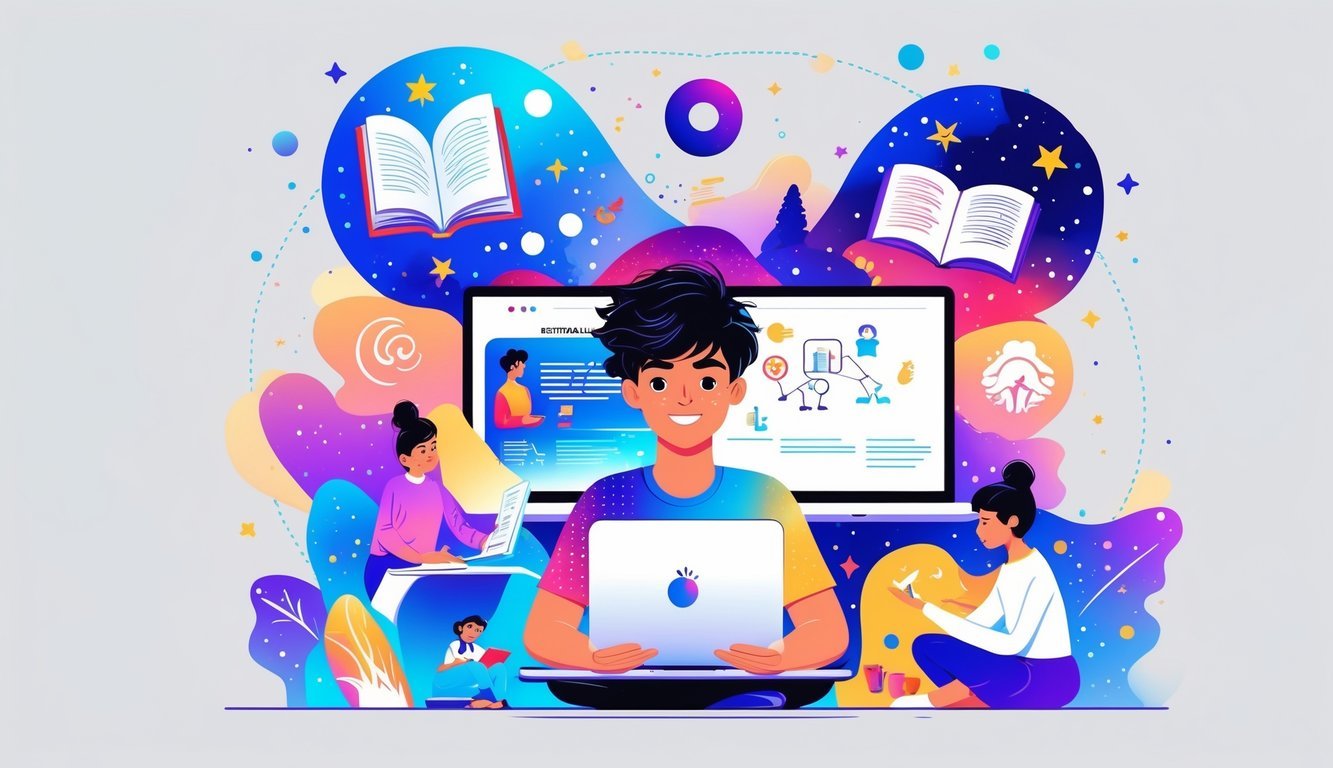 A person with two faces engaged in six different learning activities including reading, using a laptop, brainstorming, meditating, networking, and journaling, surrounded by stars and zodiac symbols.