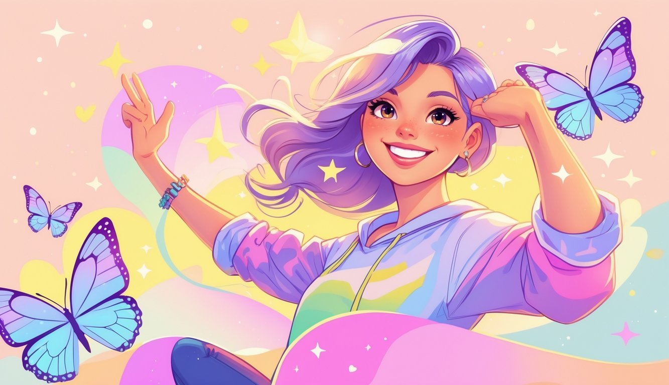 A young adult with a bright smile surrounded by two butterflies and soft pastel stars, conveying a playful and youthful energy.