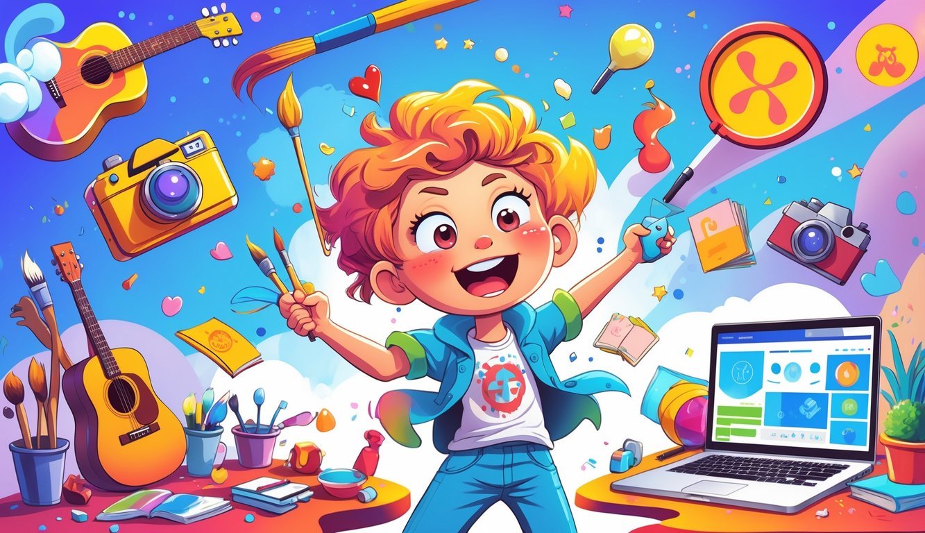 A person excitedly surrounded by various hobby items like paintbrushes, a guitar, a camera, cooking tools, books, and a laptop, showing them engaged in multiple activities at once.