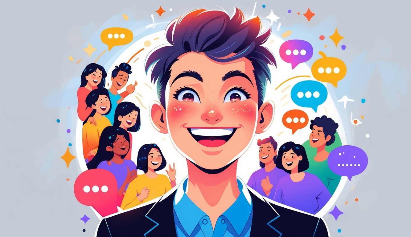 A cheerful person surrounded by friends chatting and laughing, with symbols of energy and connection around them.