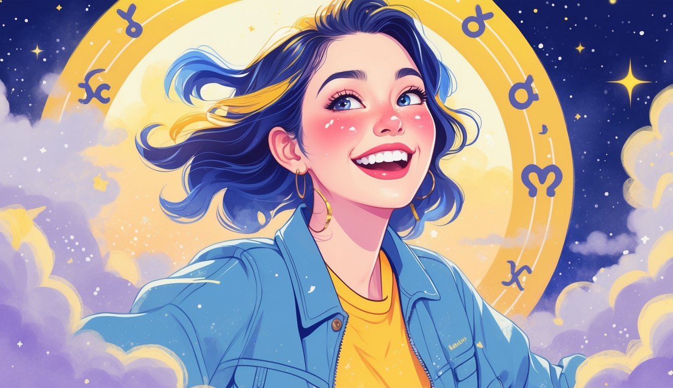 A cheerful young person with a bright smile surrounded by subtle Gemini twin symbols and stars, radiating energy and youthfulness.