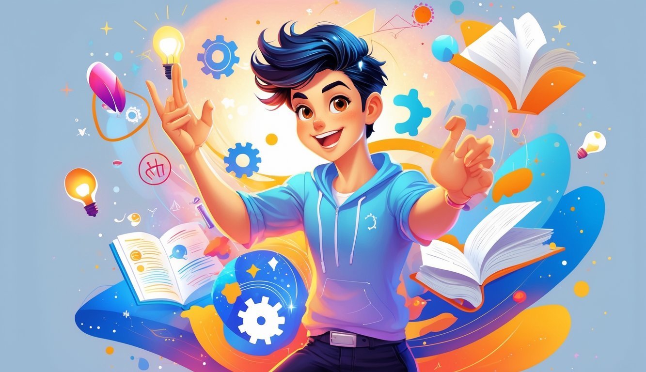 A young person surrounded by floating books, lightbulbs, and stars, symbolizing curiosity, learning, and youthful energy.