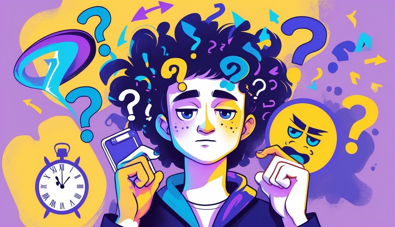 A person with two different facial expressions surrounded by symbols of confusion, changing interests, and frustrated zodiac signs.