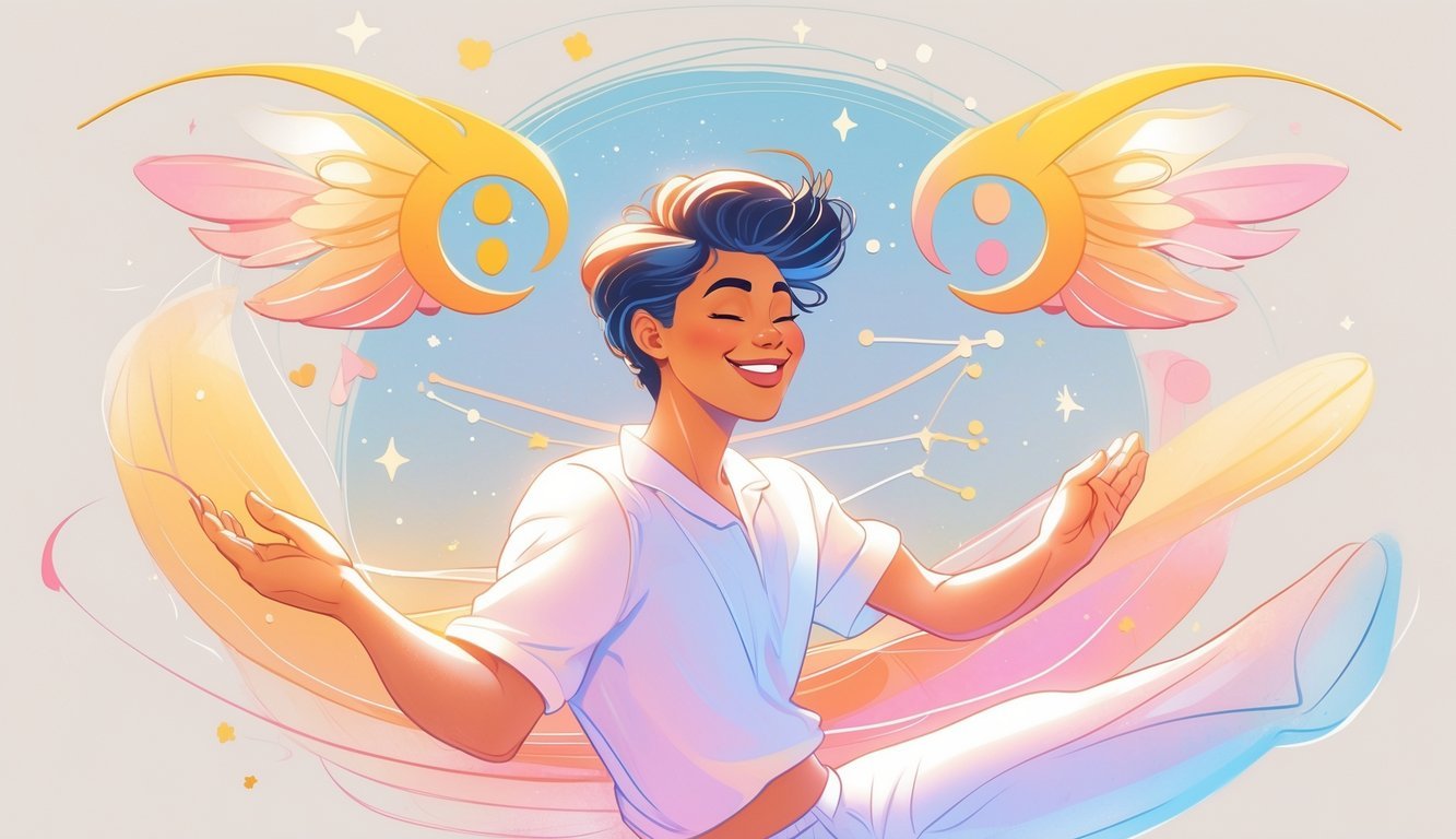 A confident young person surrounded by twin symbols and stars, smiling and stretching in a calm, celestial setting.