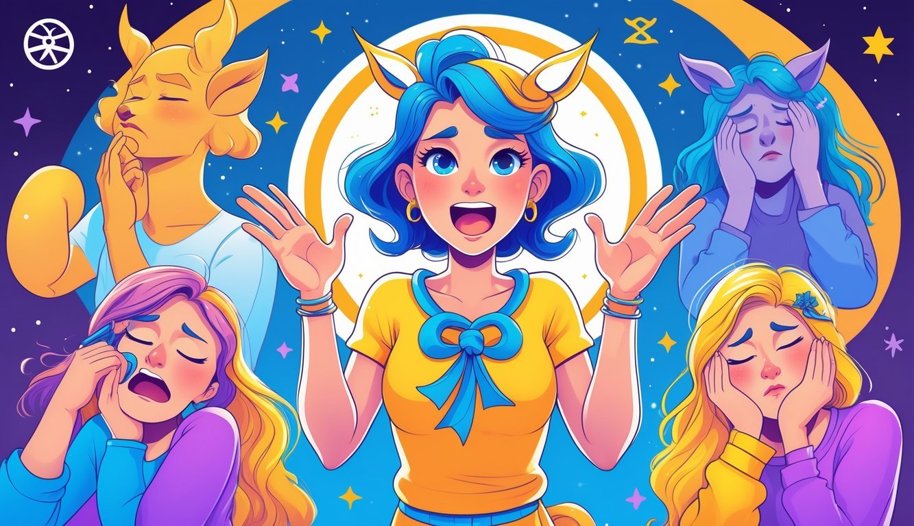 A lively scene showing a person talking nonstop while others around them look tired or frustrated.