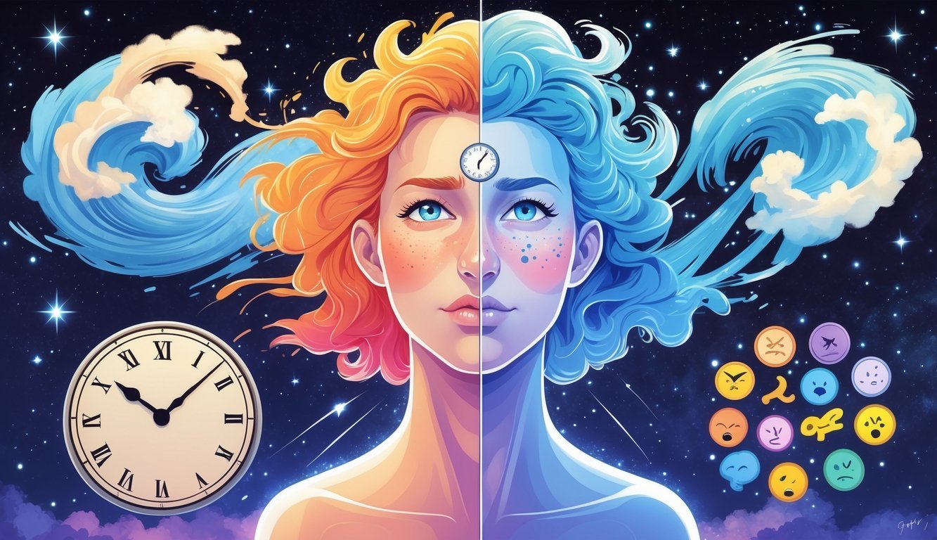 A person with two contrasting facial expressions side by side, surrounded by symbols representing mood swings, confusion, and frustration from other zodiac signs, set against a starry night sky with the Gemini constellation.
