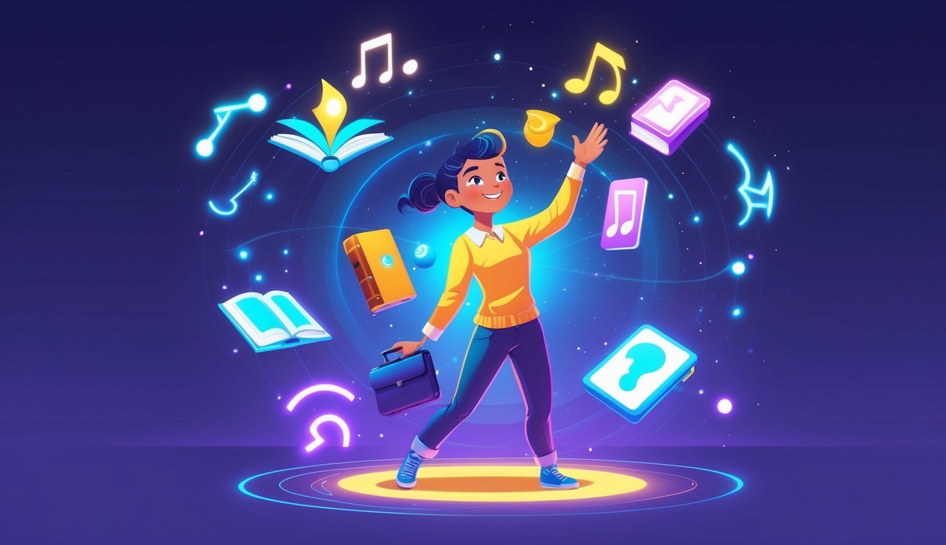 A person juggling various objects like a book, musical note, briefcase, paintbrush, and smartphone, surrounded by faint zodiac symbols and silhouettes of other zodiac signs reacting around them.