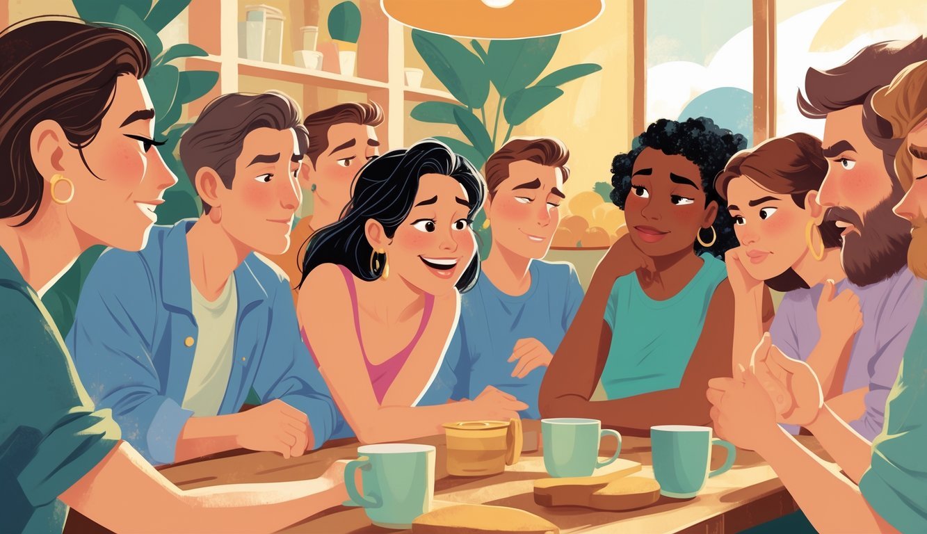 A person showing curiosity by leaning in and listening closely while others around them look annoyed or uncomfortable in a social setting.