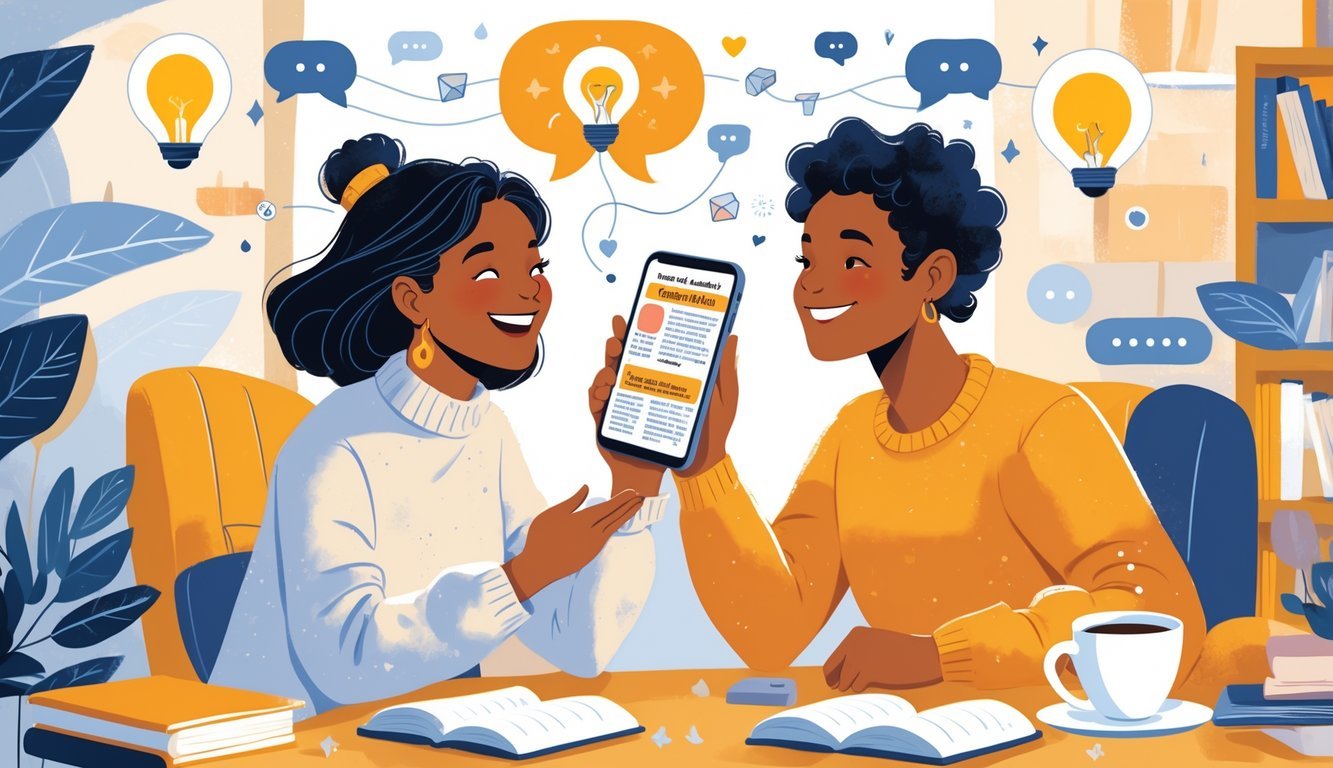 Two people sharing news and ideas in a cozy room, showing connection and affection through conversation and attentive listening.