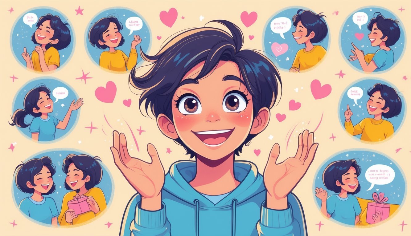 A person playfully showing love through gestures like smiling, teasing, sharing glances, giving gifts, laughing, and being comforting, surrounded by warm, starry background.