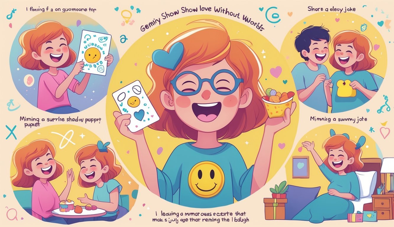 A person showing love through seven different humorous and playful actions that make their loved ones smile, including giving a funny card, sharing jokes, preparing snacks, miming, making shadow puppets, leaving gifts, and dancing.