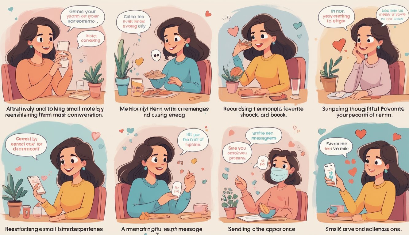 Seven scenes showing a young adult Gemini expressing love through thoughtful, subtle actions like remembering past conversations, giving personalized gifts, and offering quiet support.