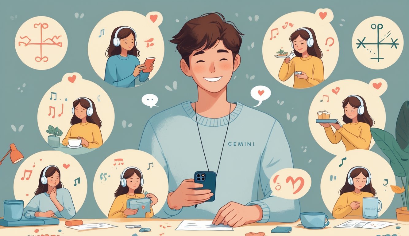 A person showing love through thoughtful actions like sending a message, leaving a note, making tea, sharing music, giving a gift, smiling supportively, and listening attentively.