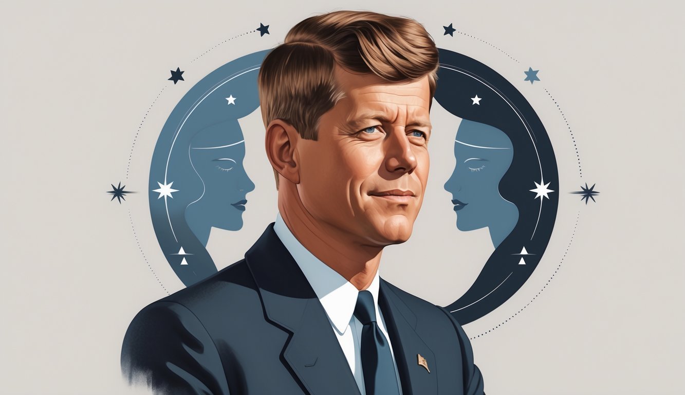 Portrait of John F. Kennedy in a suit with a background featuring twin figures and zodiac symbols representing Gemini.