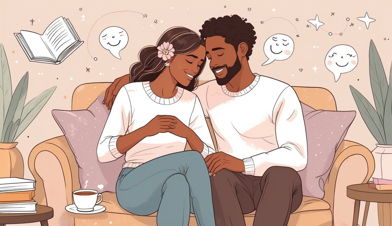 A couple sitting closely on a couch in a softly lit room, one partner attentively watching the other with caring expressions, surrounded by subtle symbols of love and connection.