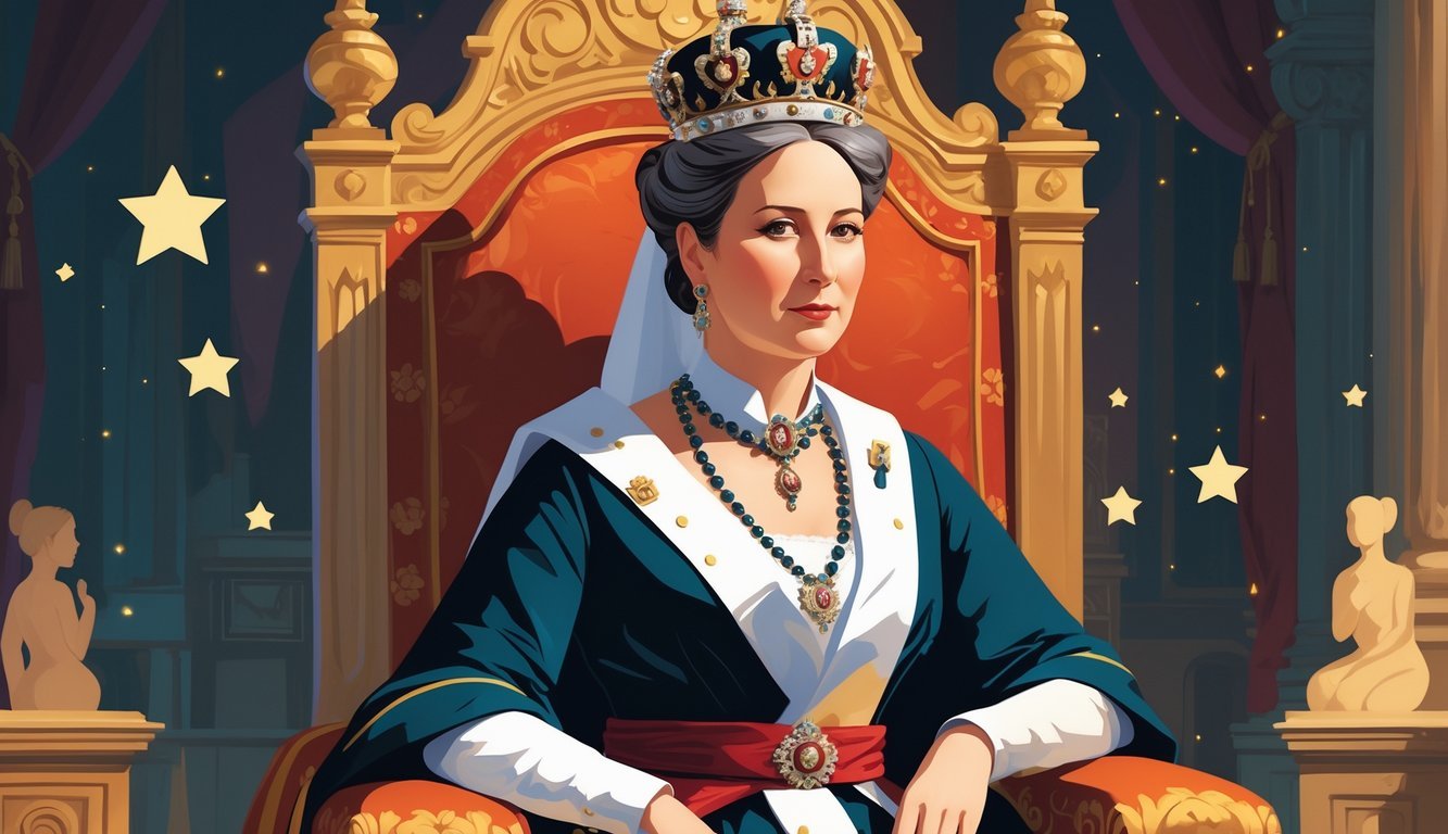 Queen Victoria seated on a throne in a royal palace, surrounded by subtle twin figures representing the Gemini zodiac sign.