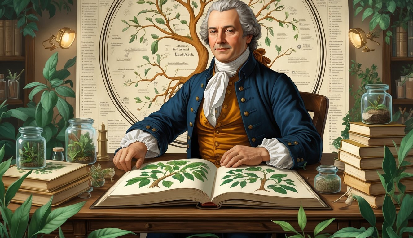 Portrait of Carl Linnaeus seated at a desk surrounded by botanical drawings and books, with a botanical chart and Gemini constellation subtly visible in the background.
