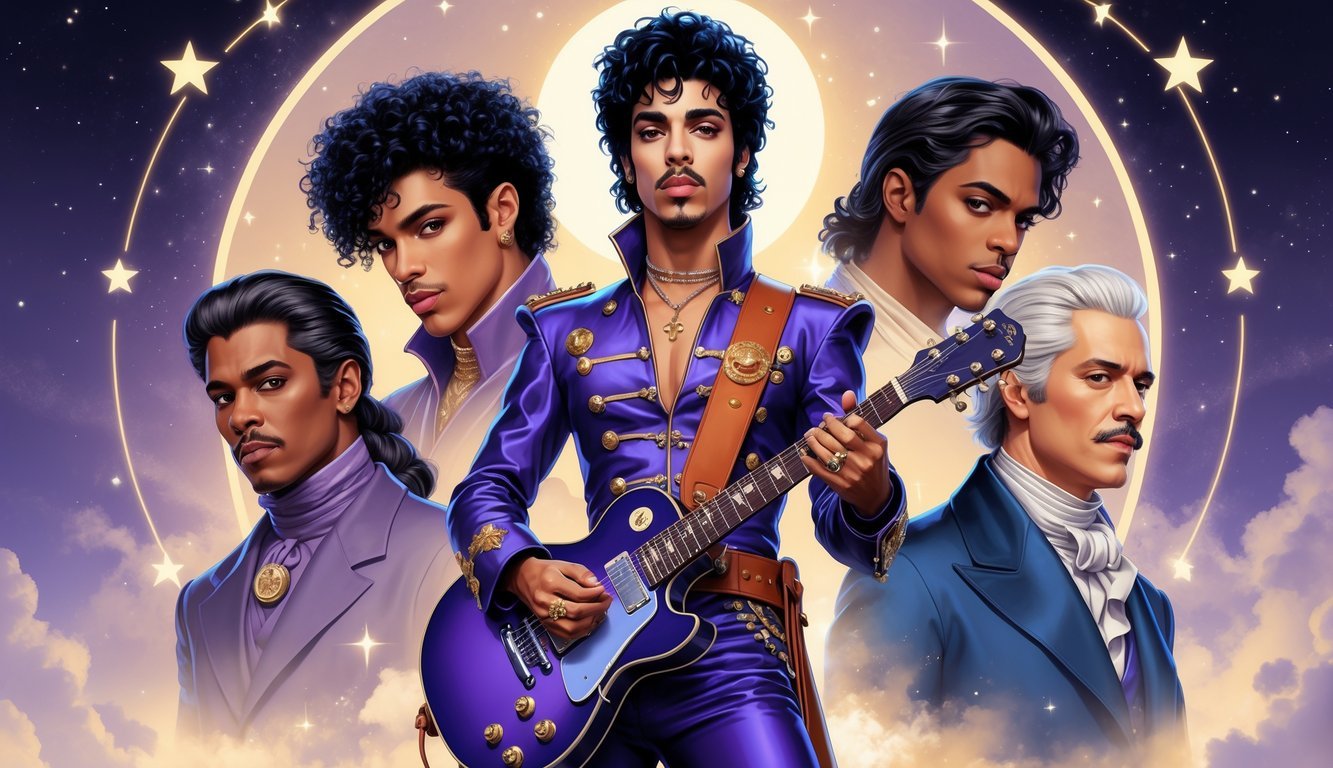 Prince performing on stage surrounded by four other famous historical figures, with twin stars glowing in the background.