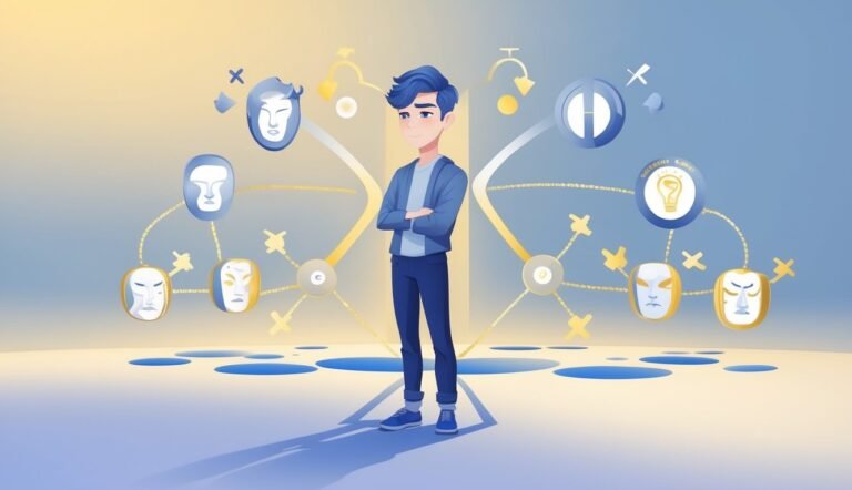 A person with two blended faces stands at a crossroads with seven paths behind them, surrounded by fading shadows and broken chains symbolizing habits being broken for personal growth.