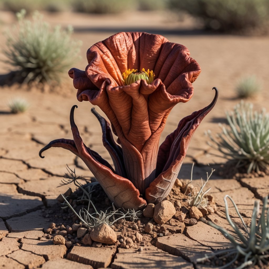 Close-up of a bizarre reddish-brown Hydnora africana flower emerging from dry, cracked soil in a desert environment.
