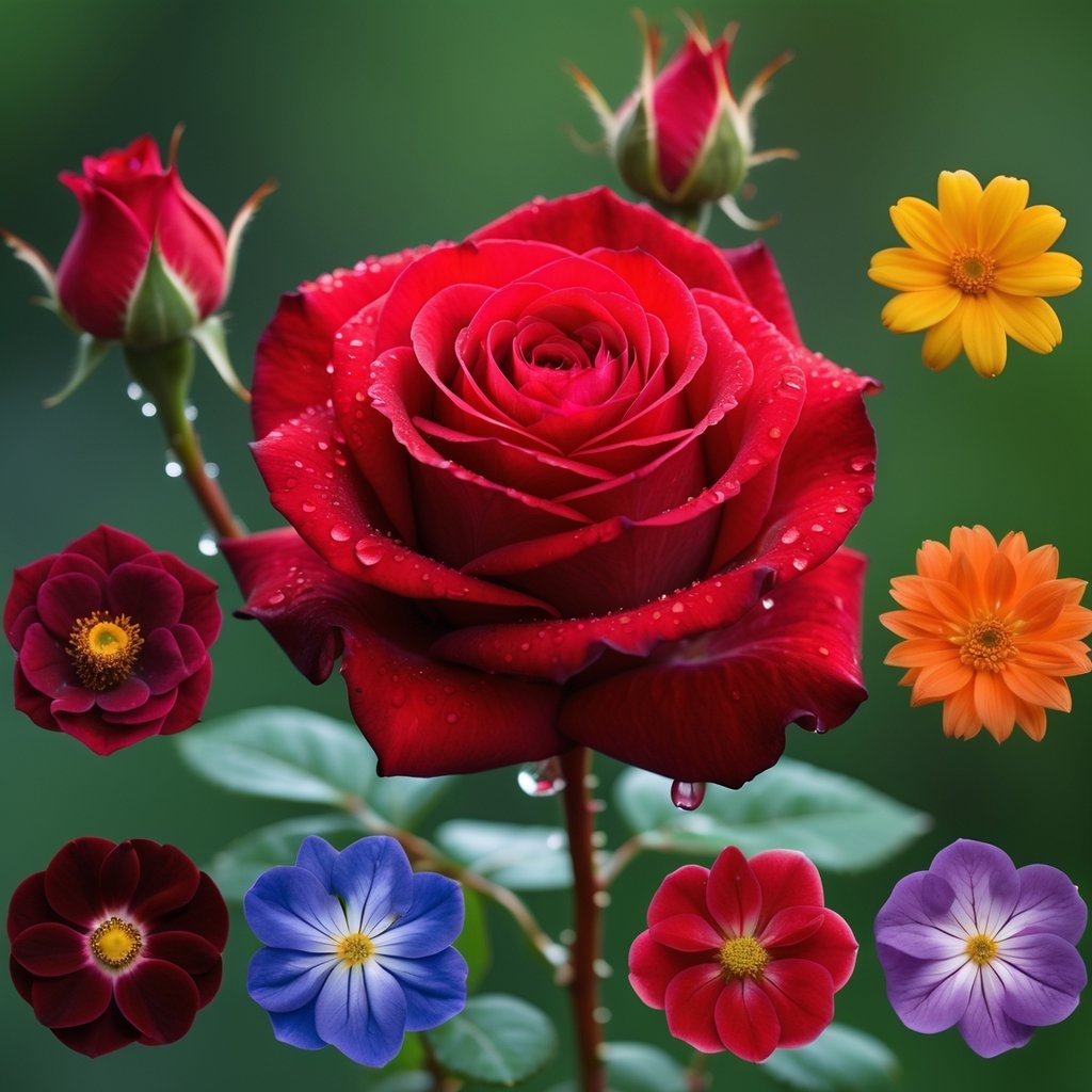 Close-up of a vibrant red rose surrounded by six other colorful flowers against a blurred green background.