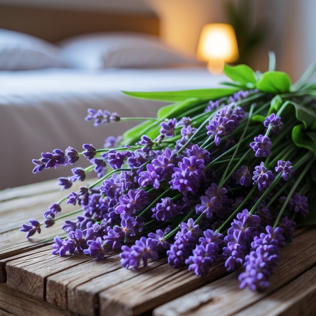 A close-up of fresh lavender flowers on a wooden table with a softly blurred bedroom background.