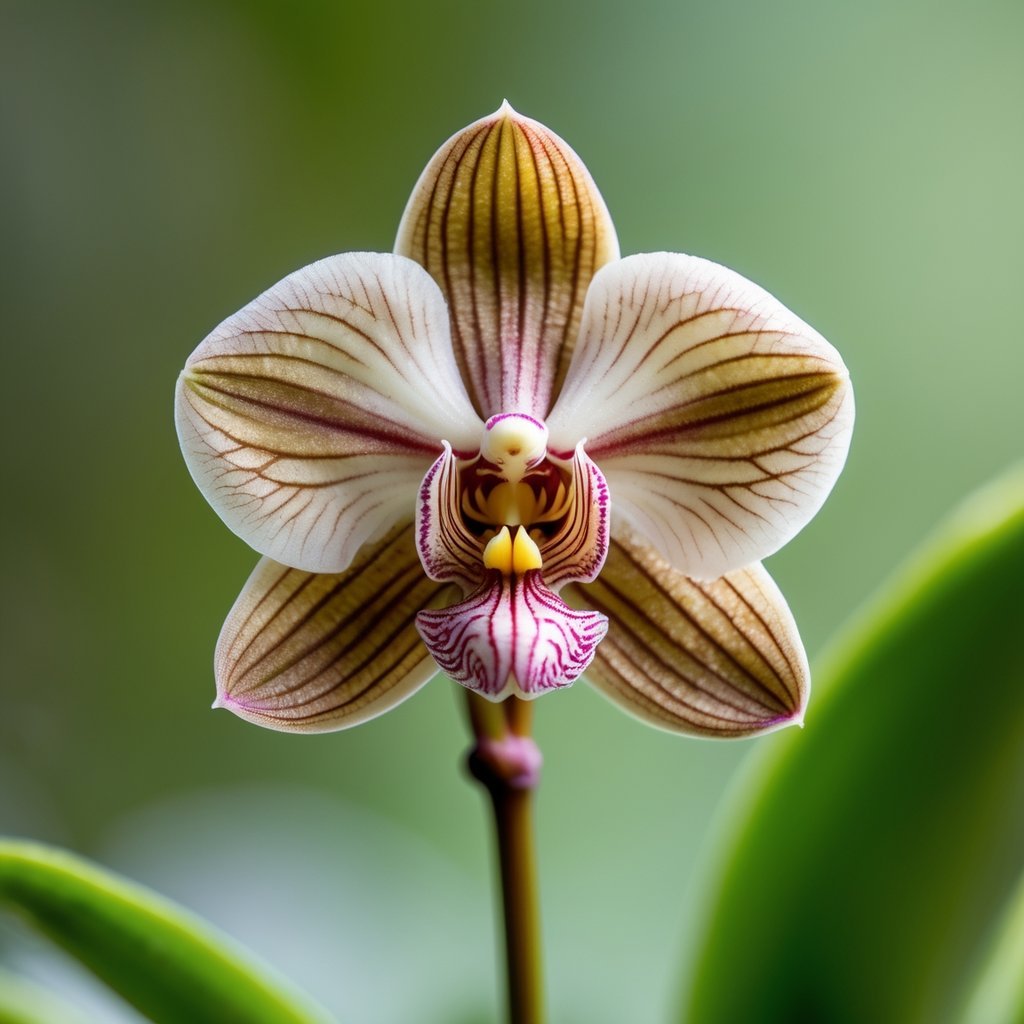 Close-up of a rare Monkey Orchid flower with petals resembling a small monkey face against a blurred green background.