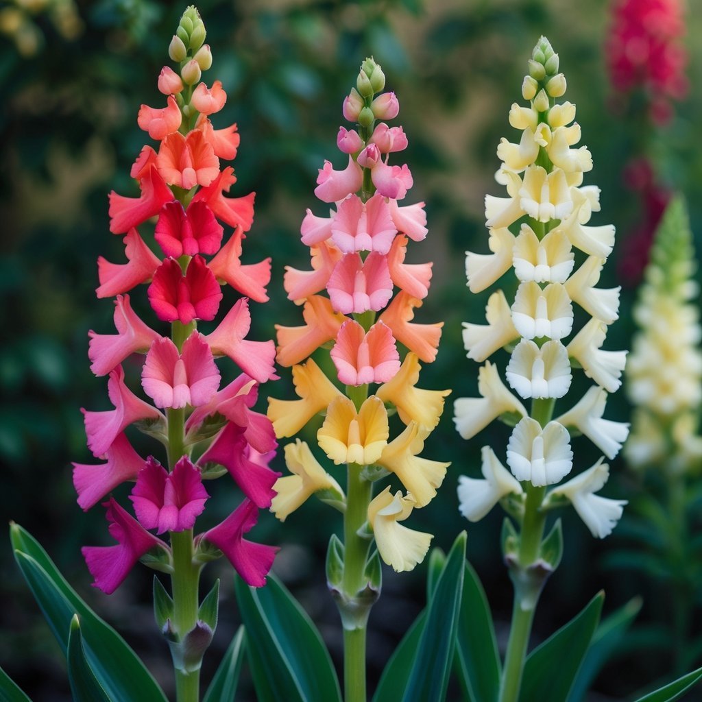 Close-up of colorful snapdragon flowers blooming with green foliage in the background.