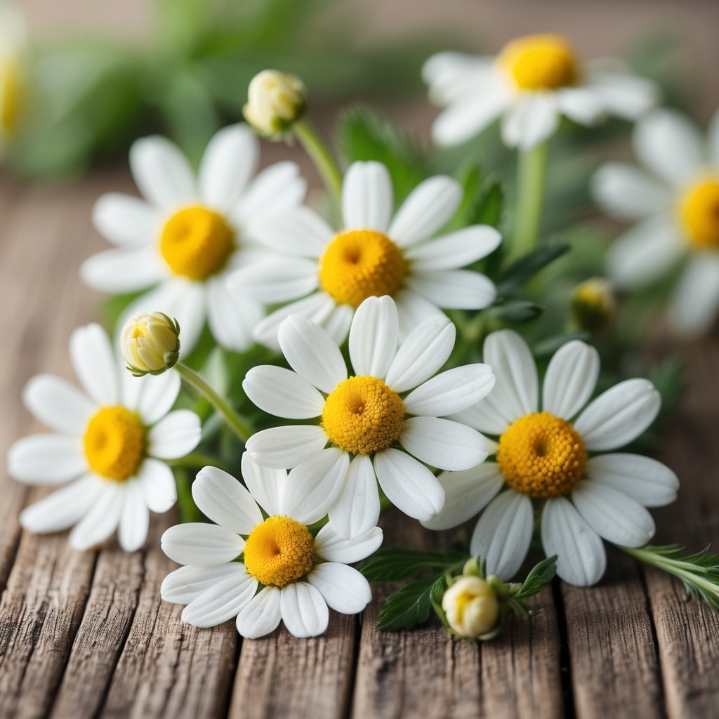 Close-up of fresh chamomile flowers with white petals and yellow centers on a wooden surface.