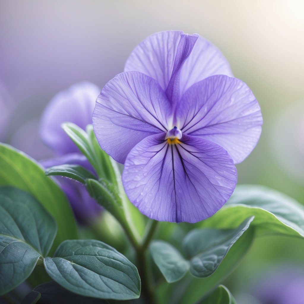 Close-up of a blooming violet flower with green leaves and a blurred background.