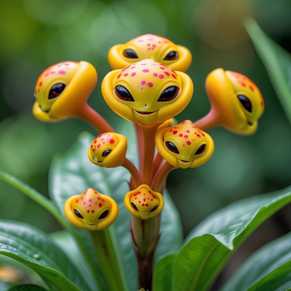 Close-up of Calceolaria uniflora plant with bright yellow and orange pouch-shaped flowers with red spots against a green background.