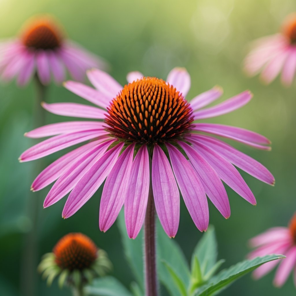 Close-up of a blooming Echinacea flower with pink-purple petals and an orange-brown center against a green background.