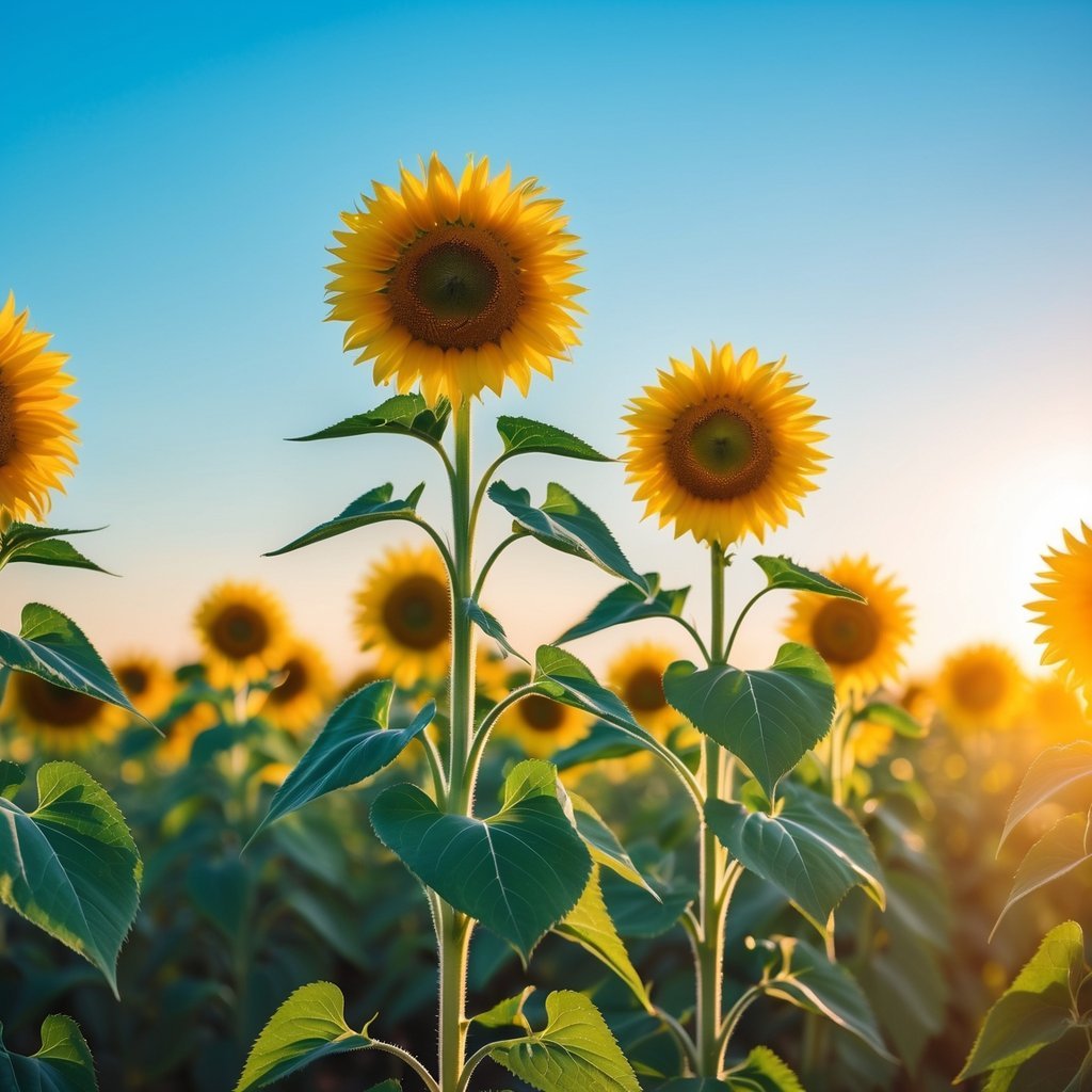 A field of tall sunflowers with bright yellow petals and dark centers under a clear blue sky.