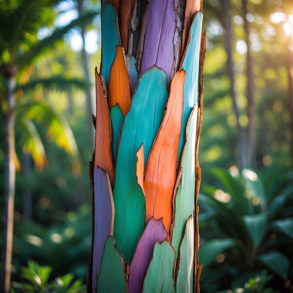 A Rainbow Eucalyptus tree with multicolored, peeling bark in a tropical forest.