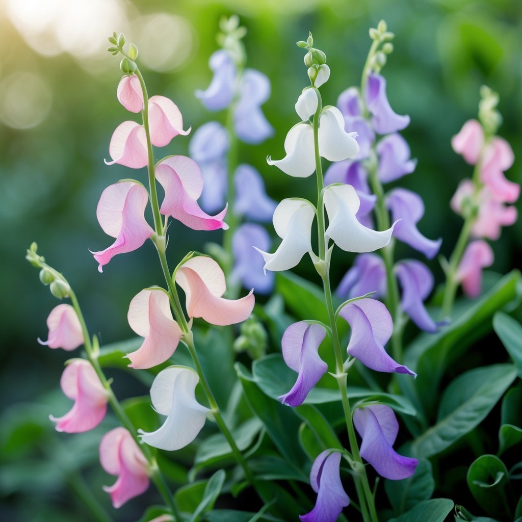Close-up of blooming sweet pea flowers with green leaves in the background.