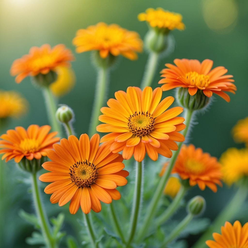 Close-up of bright orange and yellow calendula flowers blooming against a green background.