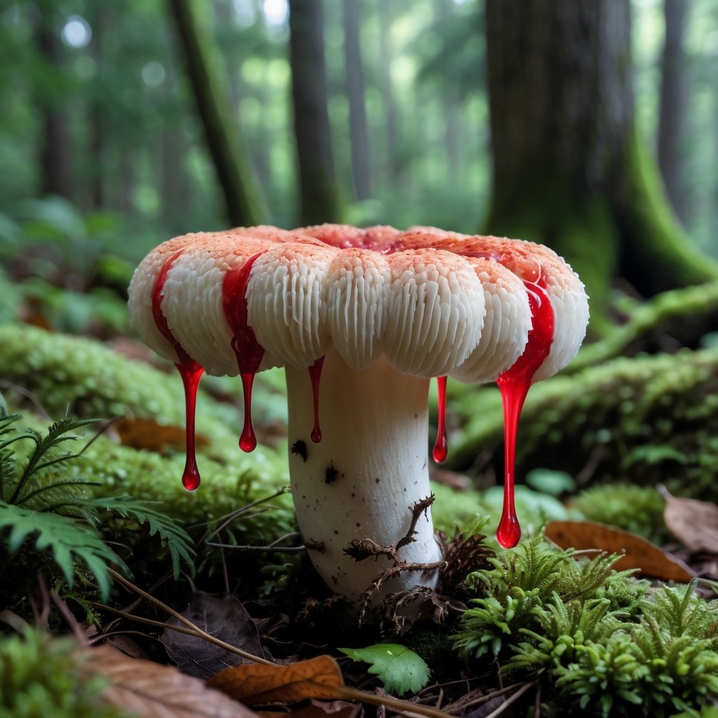A close-up of a white fungus with red droplets oozing from it, growing on a forest floor surrounded by moss and leaves.