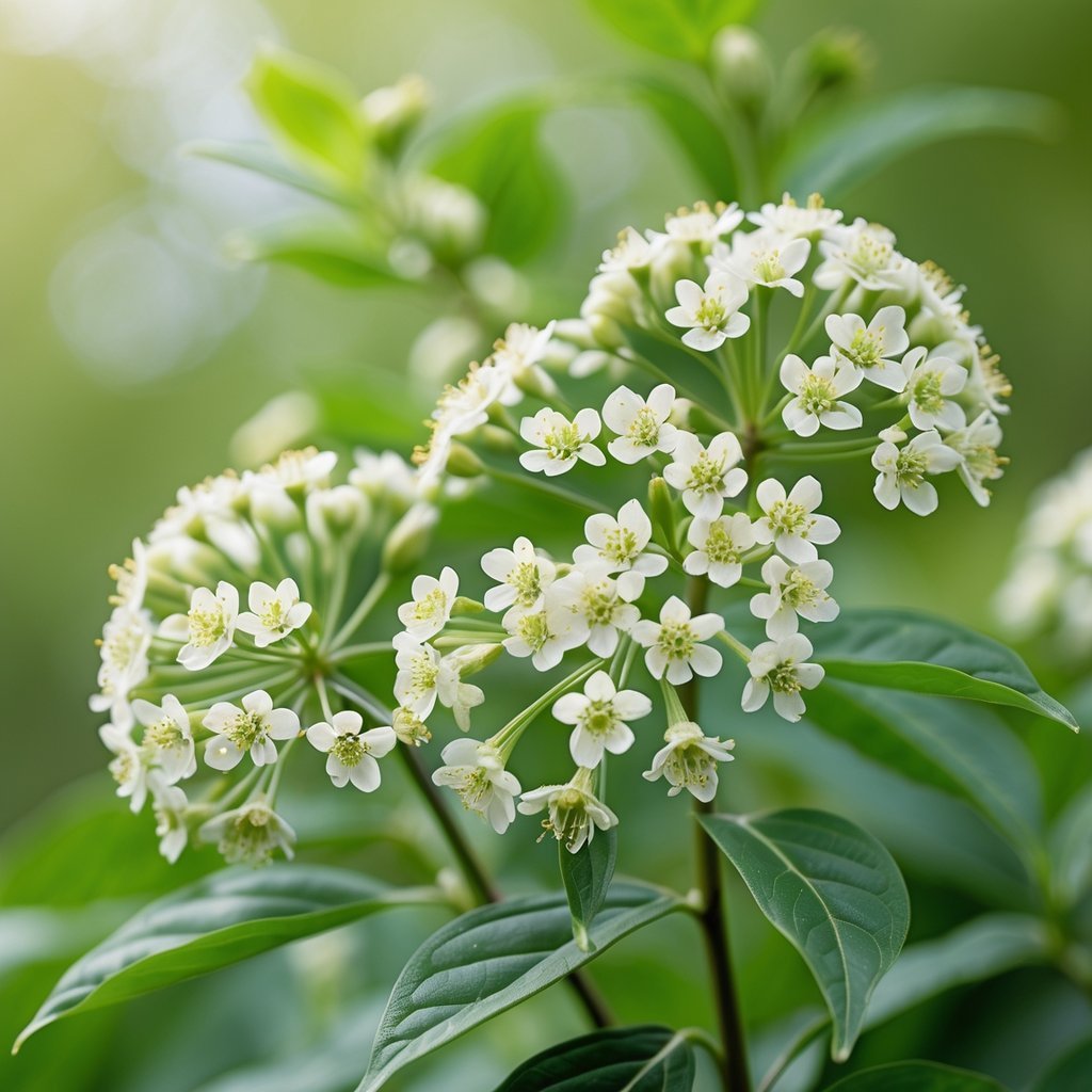 Close-up of fresh elderflower blossoms with green leaves in the background.