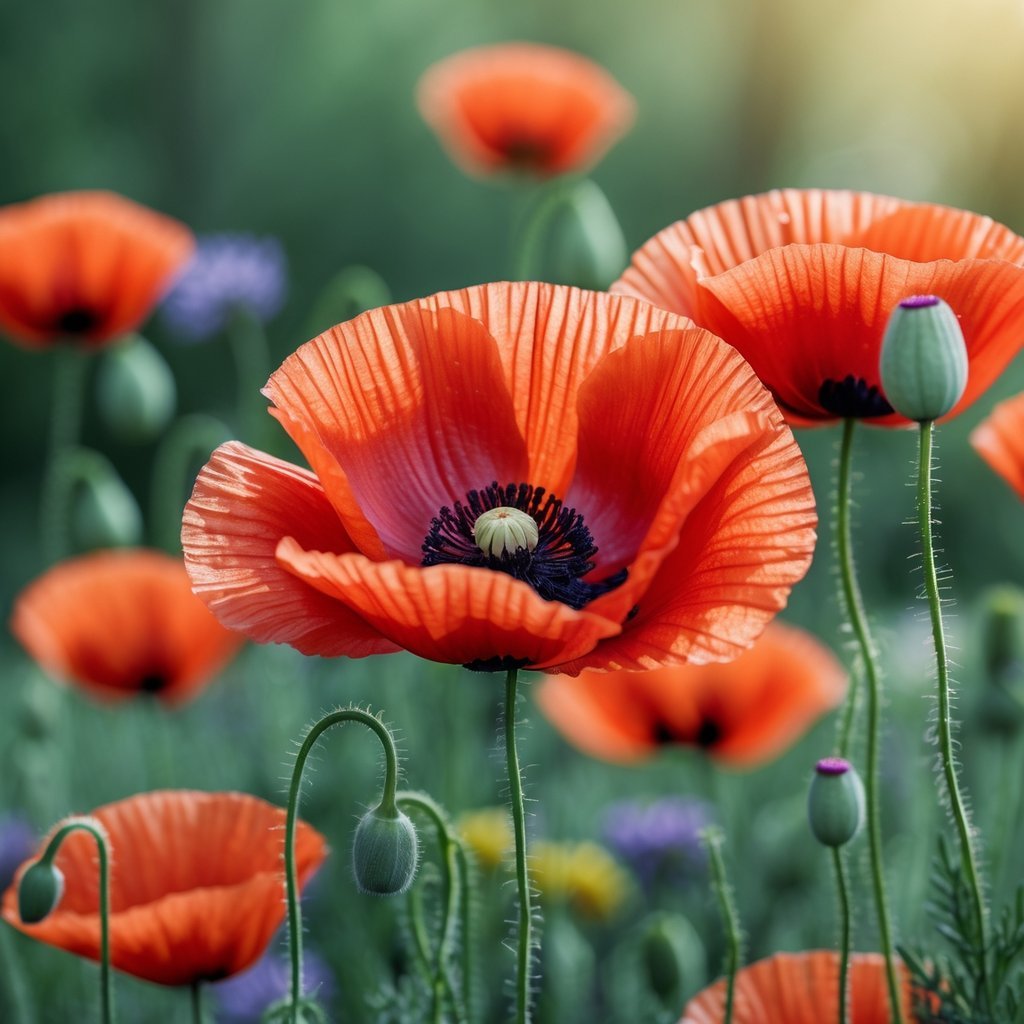 Close-up of bright red poppy flowers with green foliage and other blurred flowers in the background.