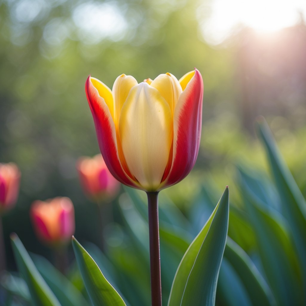 Close-up of a single red and yellow tulip flower blooming with green leaves in the background.