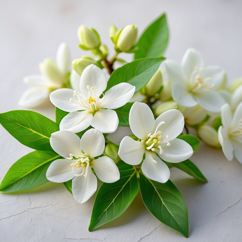 Close-up of fresh white jasmine flowers with green leaves on a neutral background.