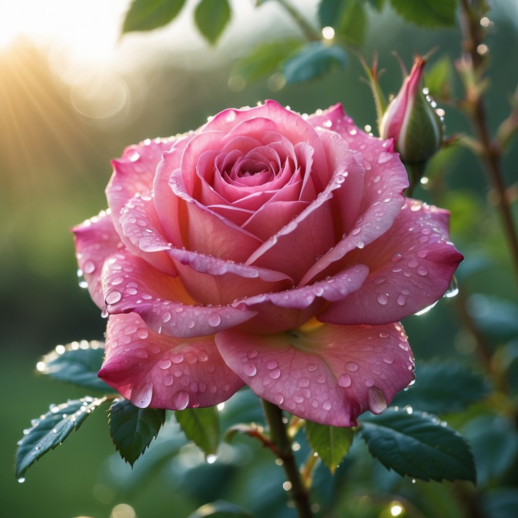Close-up of a fresh rose flower with dew drops on its petals against a blurred green background.