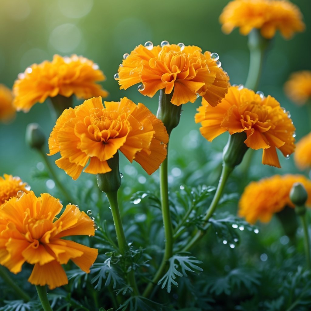 Close-up of bright orange marigold flowers with green blurred background.