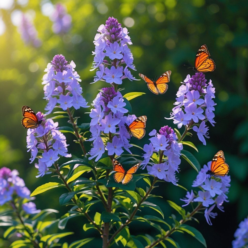 A Butterfly Bush with nine purple blooms attracting several butterflies in a green garden.