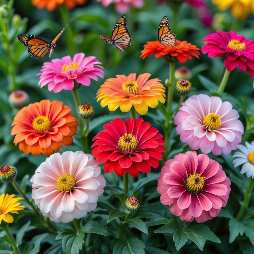 Nine colorful zinnia flowers blooming with butterflies perched on and flying around them in a garden.