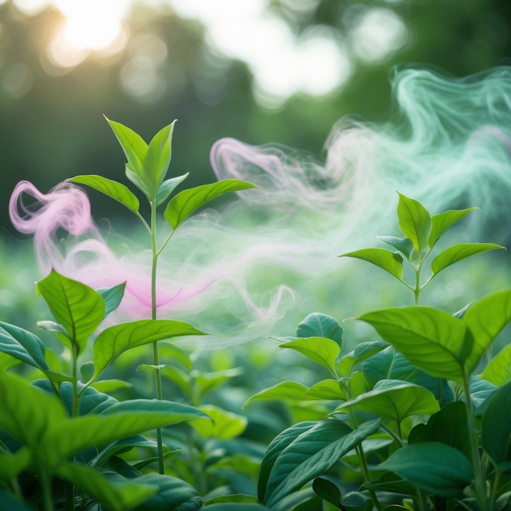 Close-up of green plants with translucent vapor rising and swirling around them in a natural outdoor setting.